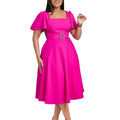 Women Clothing Flared Sleeves Square Collar High Waist Solid Color Elegant Dress