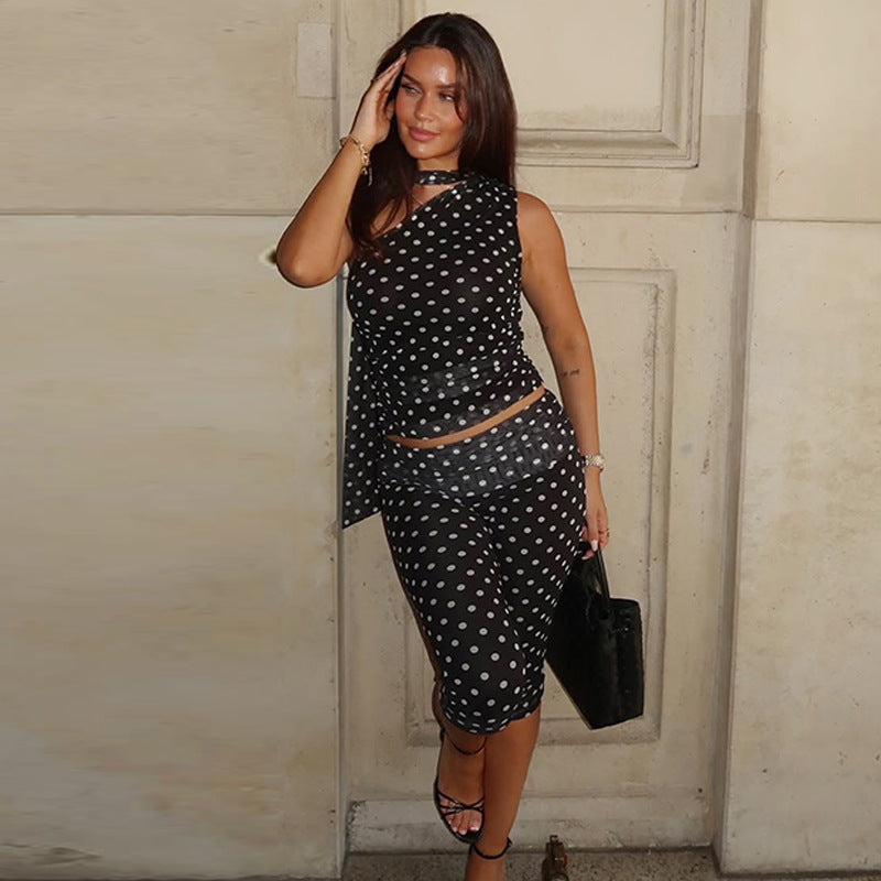 Winter Mesh Stitching Polka Dot Shoulder Diagonal Collar Top Slim Cropped Pants Set
