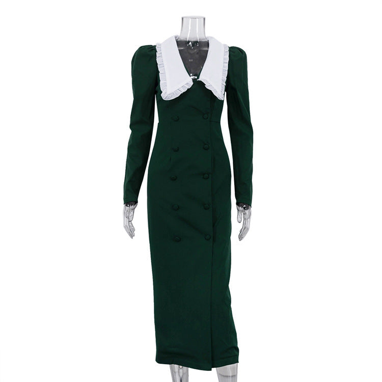 Spring Color Contrast Cardigan Sheath Dress Women Doll Collar Long Sleeve High Waist French Dress