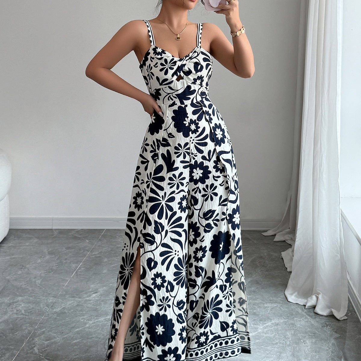 Spring Summer Elegant Twist Print Sling Wide Leg One Piece Long Pants Women Clothing