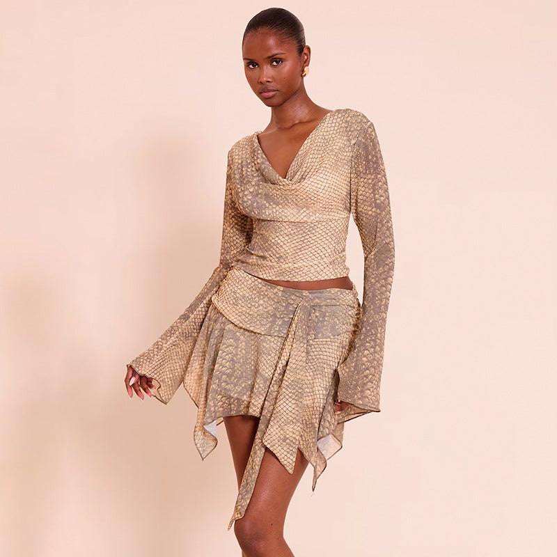 Women Clothing Autumn Winter Snake Pattern Printed Long Sleeved Top Slim Ribbon Skirt Outfit