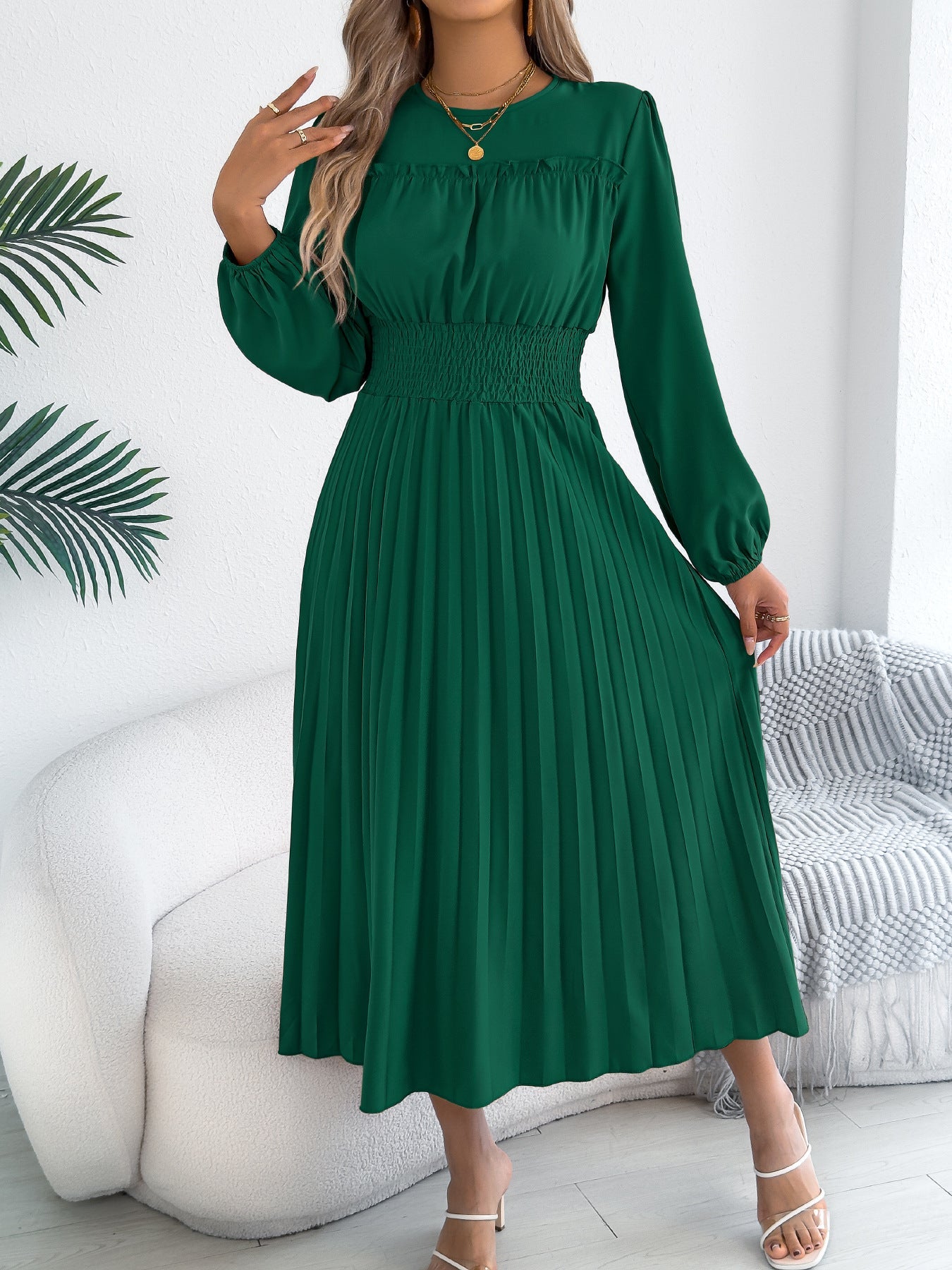 Women Clothing Spring Summer Elegant Wooden Ear Long Sleeved Waist Pleated Dress