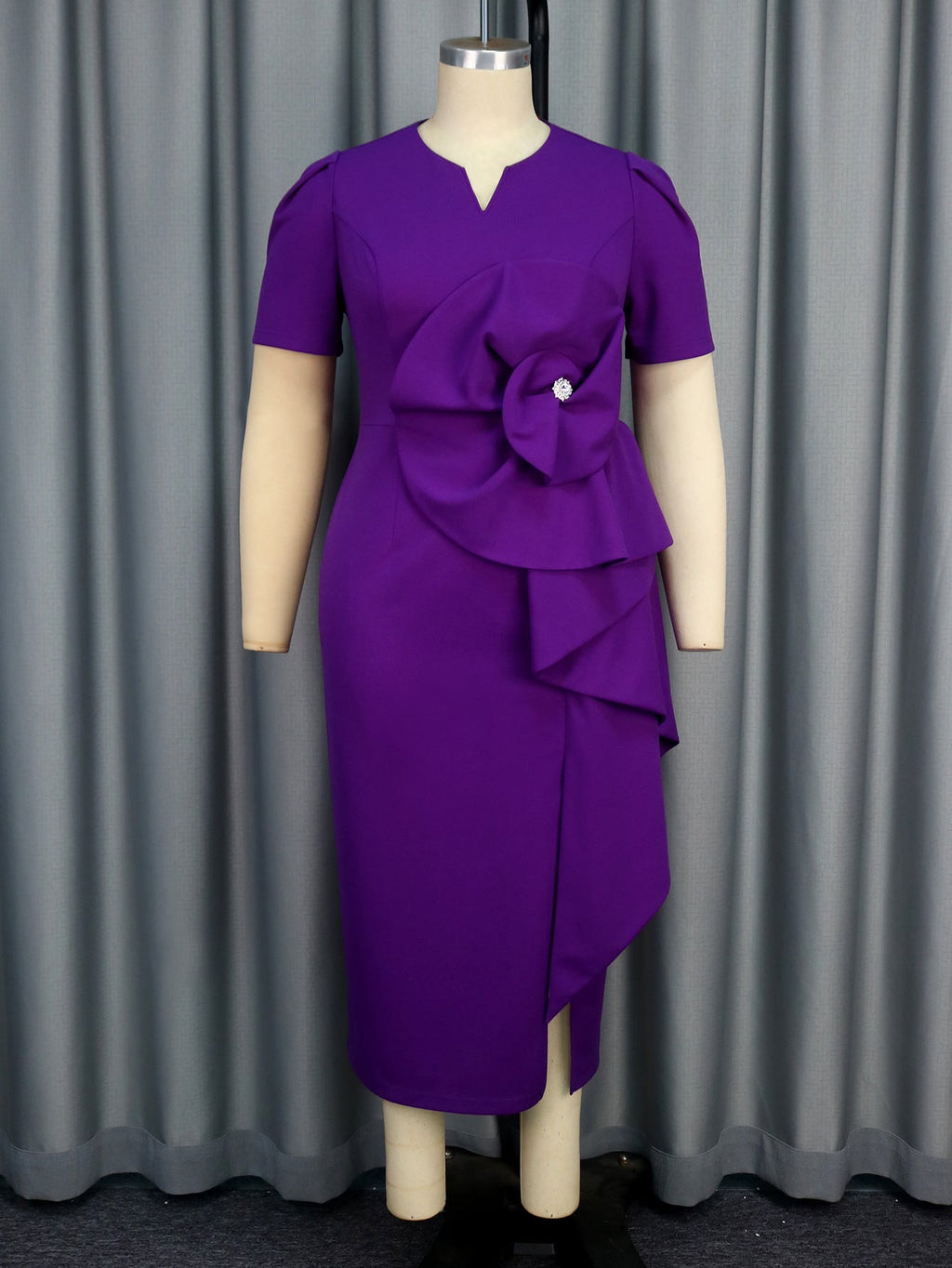 Half Open Collar Three Dimensional Floral Dress Cocktail Club High Waisted Dress