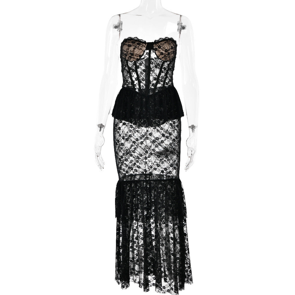 Autumn Winter Lace See through Tube Top Fishtail Dress Sexy Tight Sexy Night Club Long Dress