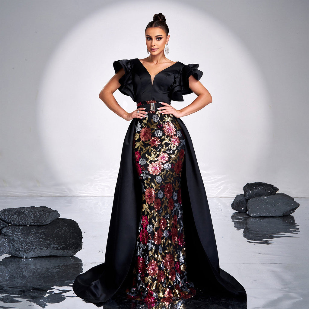 Women Clothing Advanced Sleeveless V neck Slim Fit Sheath Sequined Cocktail Fishtail Evening Dress Dress