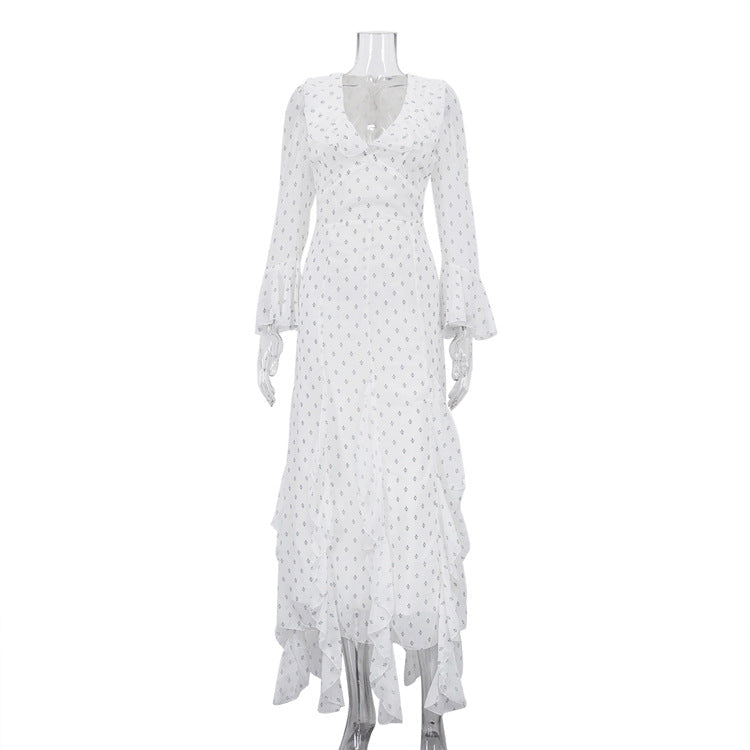 Spring Autumn Digital Printed Chiffon Dress Women Design Ruffled Bell Sleeve High Waist Maxi Dress