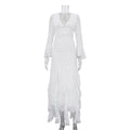 Spring Autumn Digital Printed Chiffon Dress Women Design Ruffled Bell Sleeve High Waist Maxi Dress