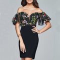 Women Clothing Dress Mesh Embroidery Sexy Lace up Dress
