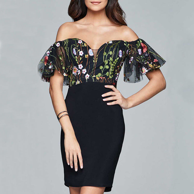 Women Clothing Dress Mesh Embroidery Sexy Lace up Dress