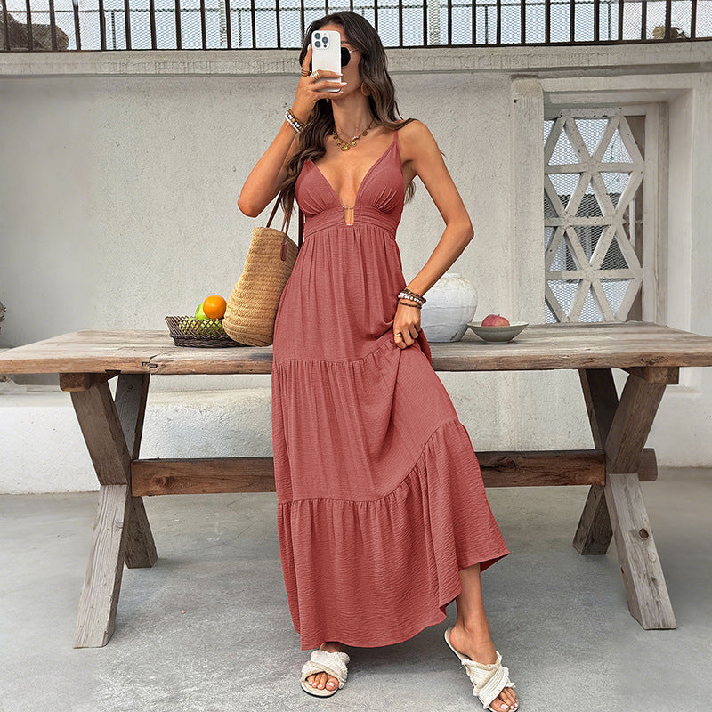 Sexy Vacation Solid Color Deep V Plunge neck Strap Tiered Dress