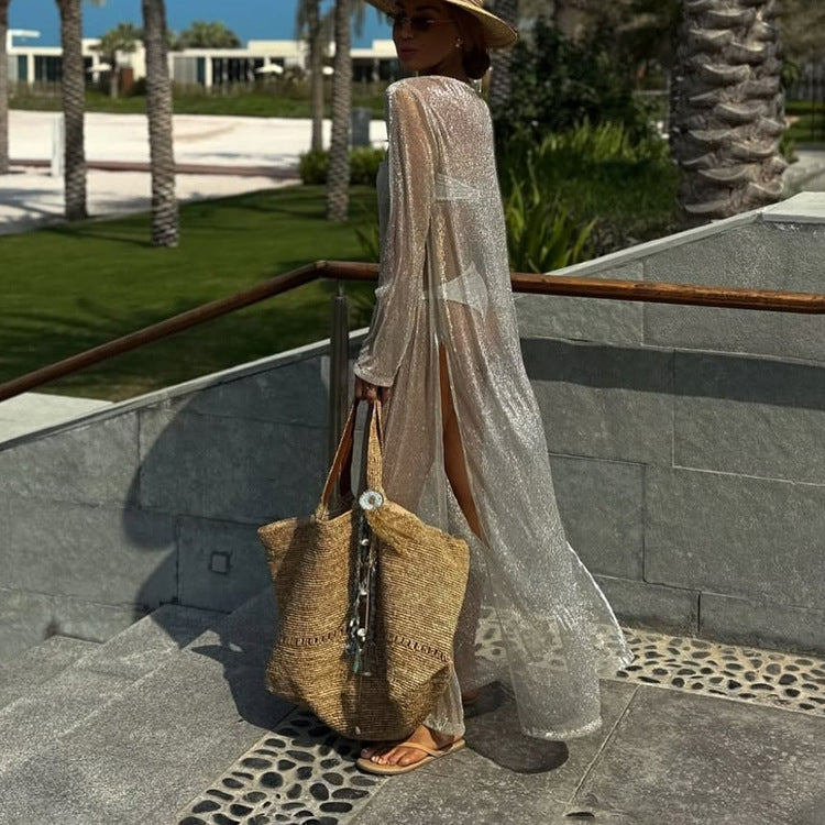 Women Clothing See through round Neck Long Sleeve Split Sun Protection Sexy Dress