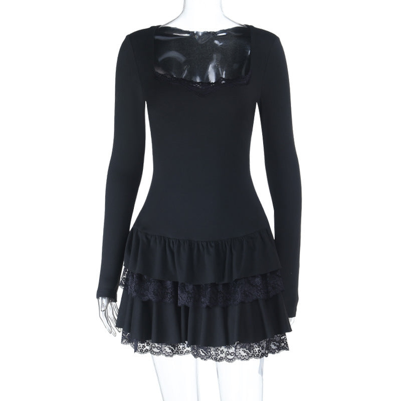 Square Collar Wooden Ear Mini Dress for Women Autumn Winter Long Sleeve Dress