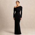 Women Clothing Autumn Winter Solid Color Elegant Slim Fit Asymmetric Neckline Pleated Dress