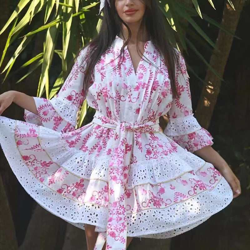 French Bohemian Vacation Spring V Neck Bell Sleeve Embroidered Printed Tied Dress Women