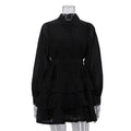 Casual Black Rhimestone A line Dress Women Clothing Autumn Polo Collar Long Sleeve High Waist Bubble Dress