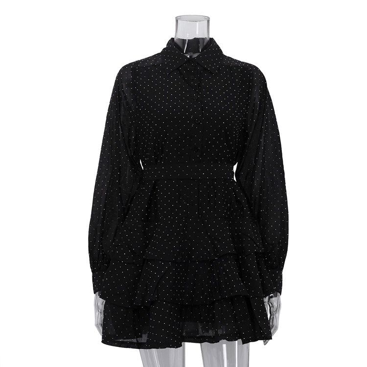 Casual Black Rhimestone A line Dress Women Clothing Autumn Polo Collar Long Sleeve High Waist Bubble Dress