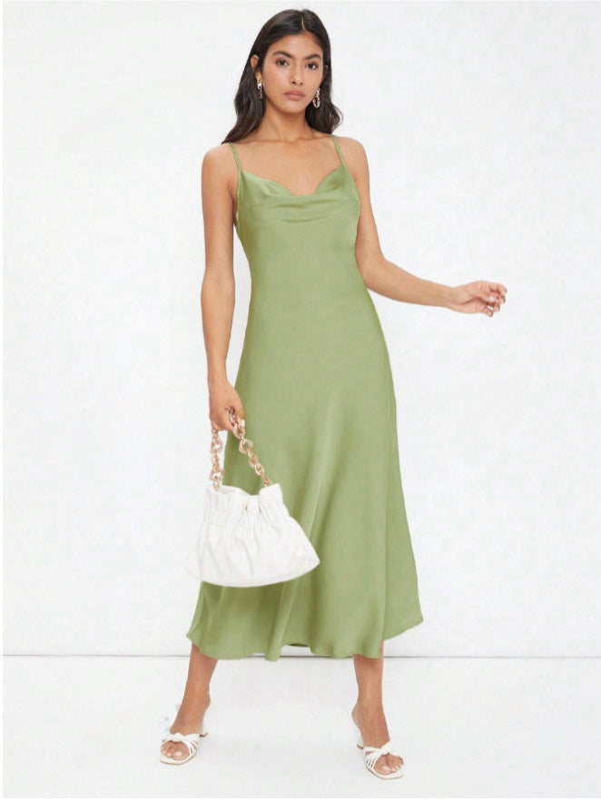 Women Clothing Spring Summer Satin Sling Deep V Plunge neck Slim Solid Color Dress