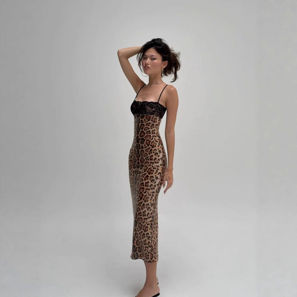 Lace Stitching Tube Top Sling Leopard Sequined Party Dress Maxi Dress