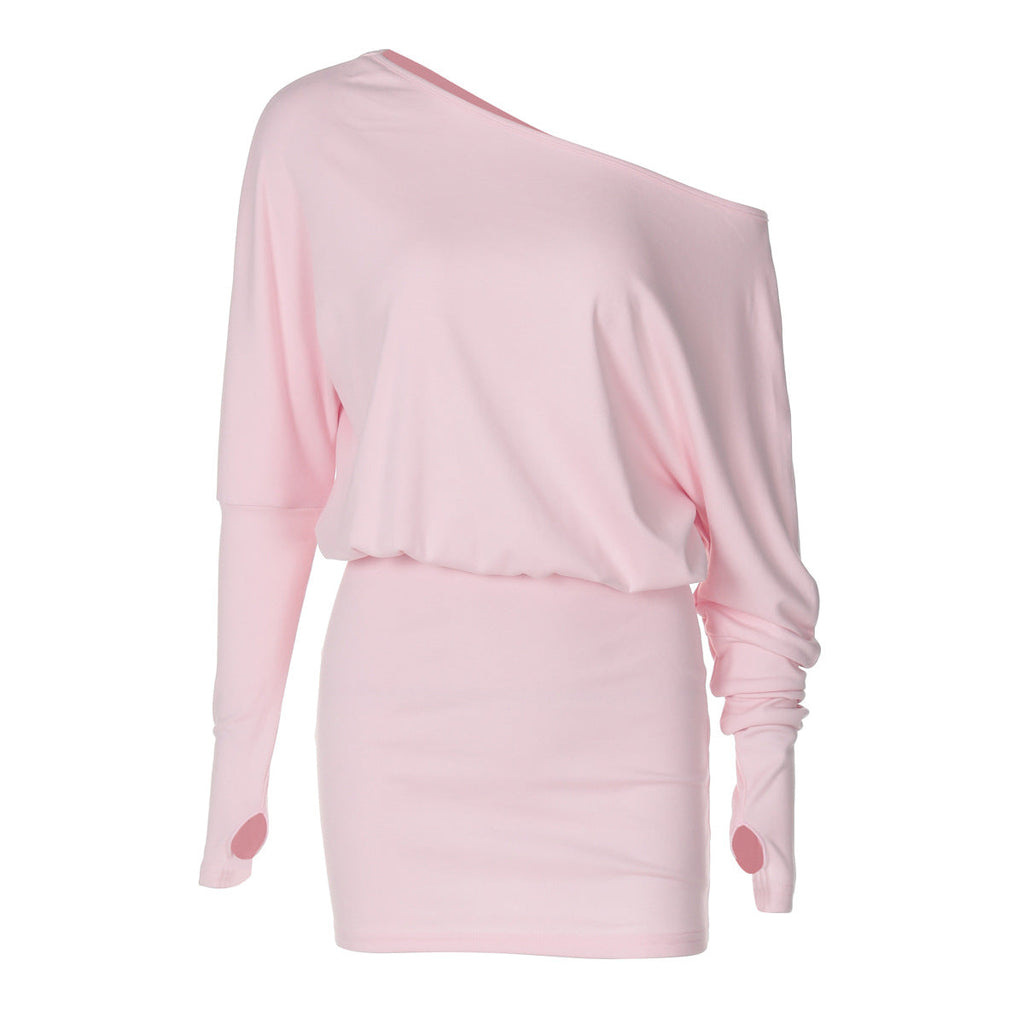 Women Clothing Autumn Personalized One Shoulder Cold Shoulder Long Sleeve Faux Two Piece Waist Slimming Hip