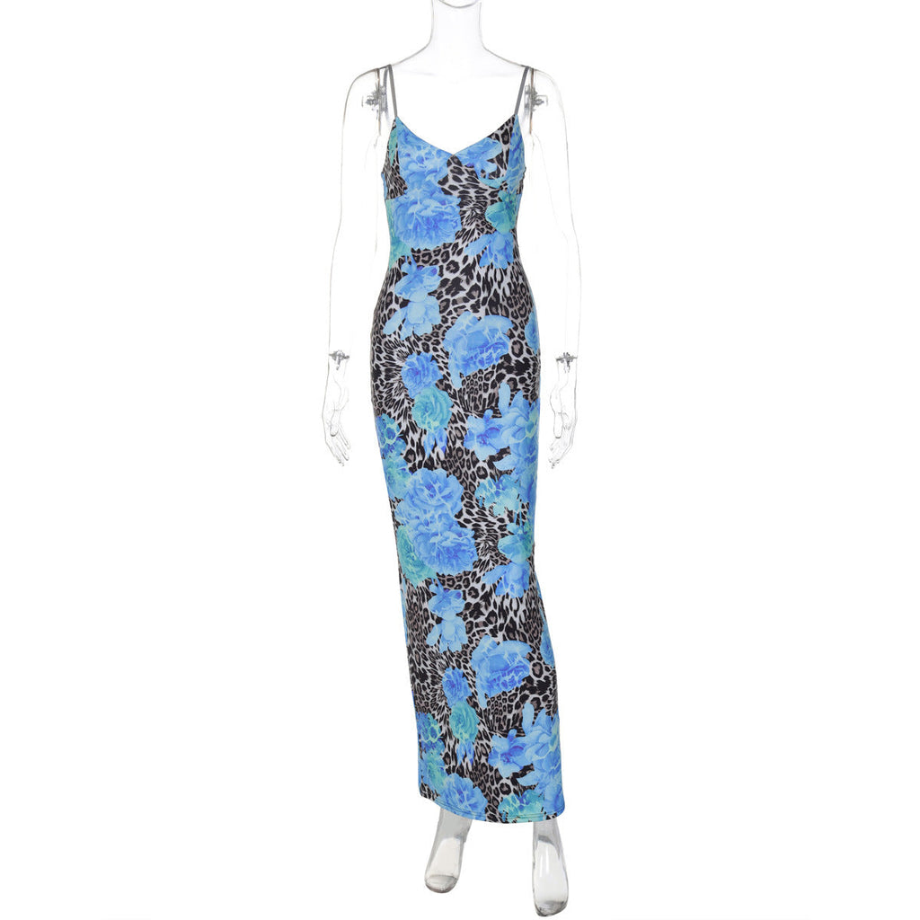 Fall Women Clothing Maxi Dress Street Elegant Slim Print Design Sling Dress Women