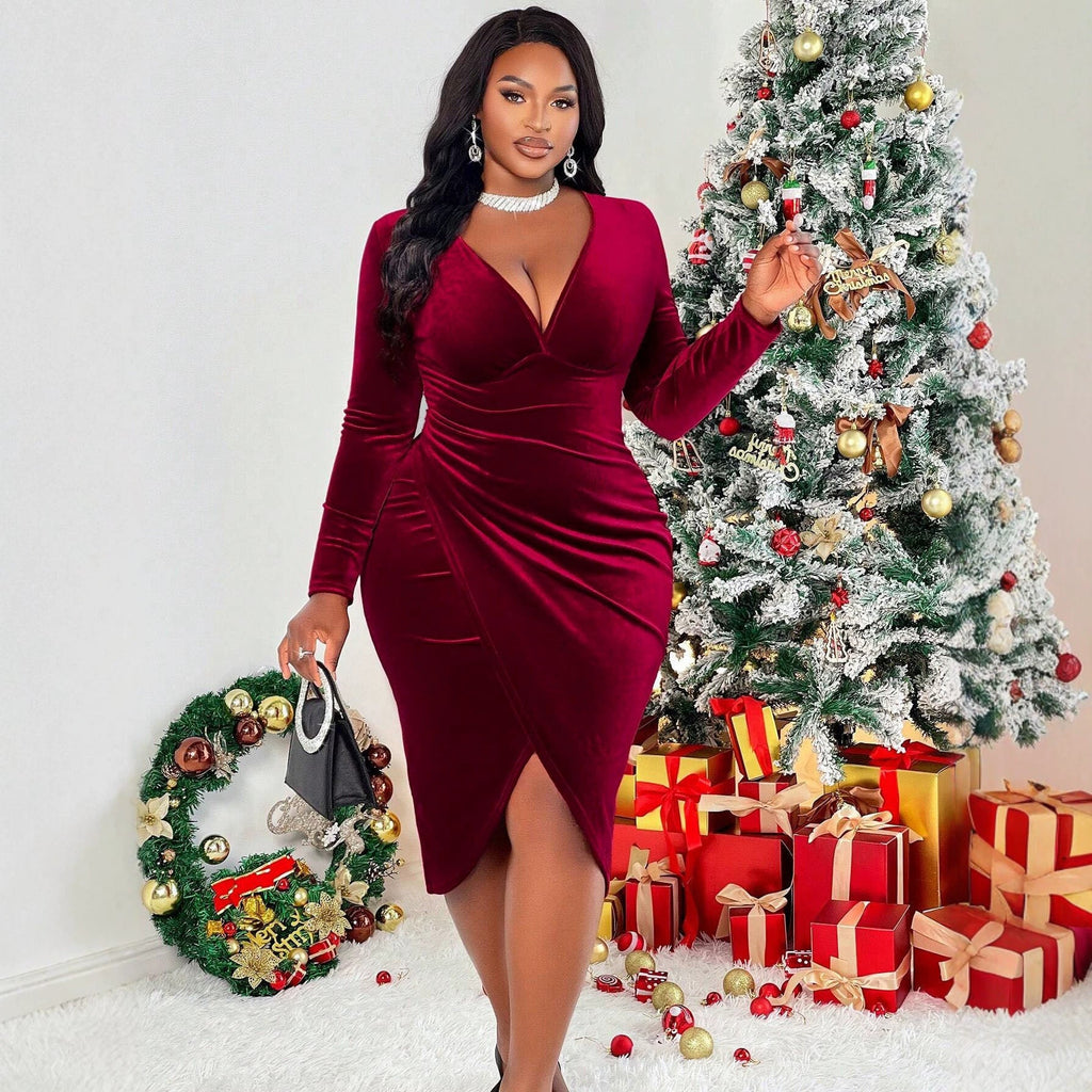 Velvet Dress Deep V Plunge neck Long Sleeve Pleated Waist Tight Split Slimming Christmas Sheath Dress