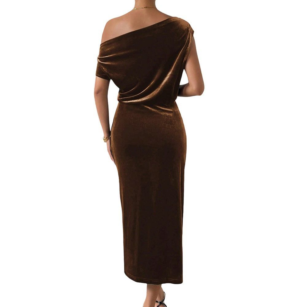 Niche Design One Shoulder Velvet Dress Women Autumn Winter Cocktail Dress Side Slit Slimming Elegant Maxi Dress