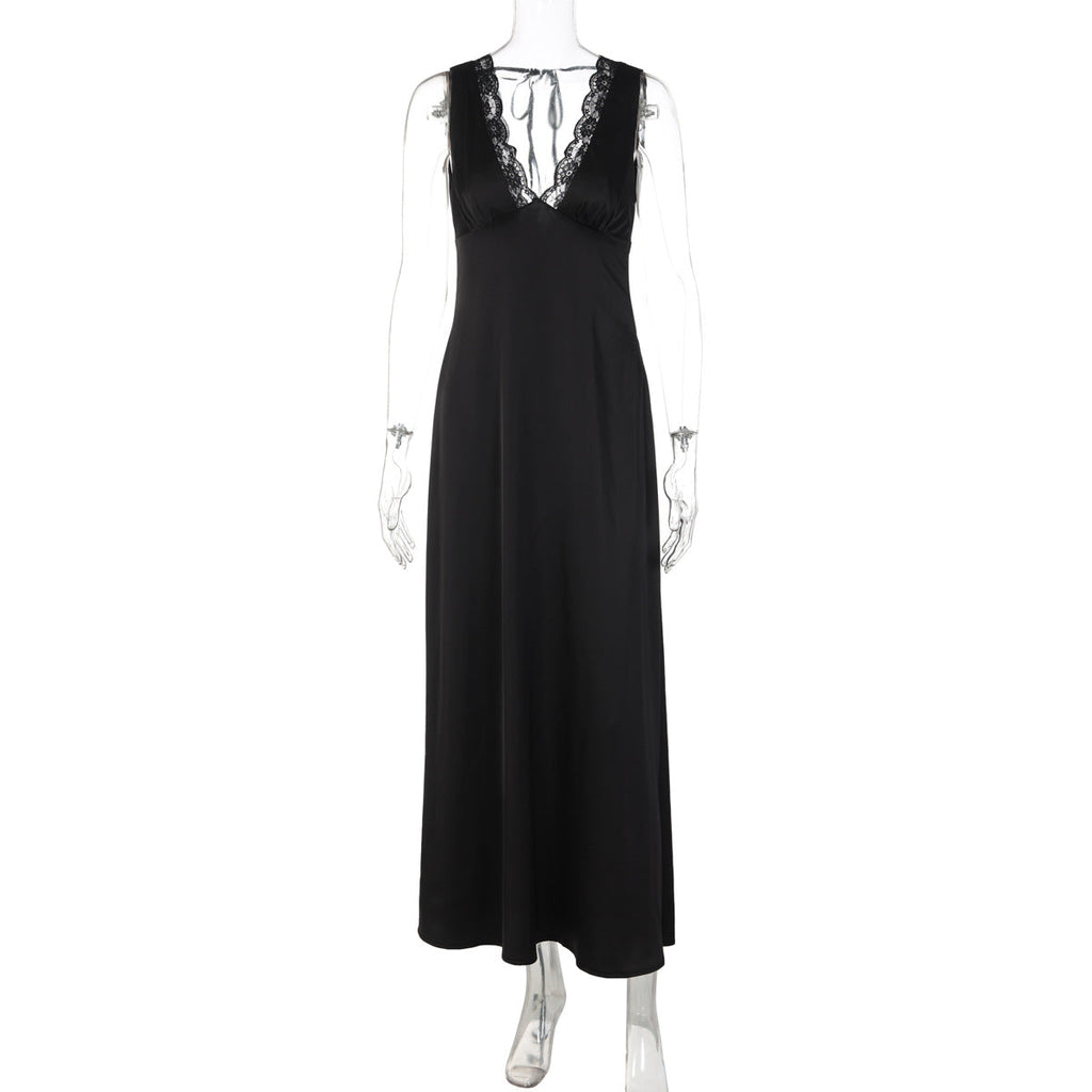 Women Clothing Winter Sexy Lace Deep V Plunge Strap Slim Fit Backless Dress