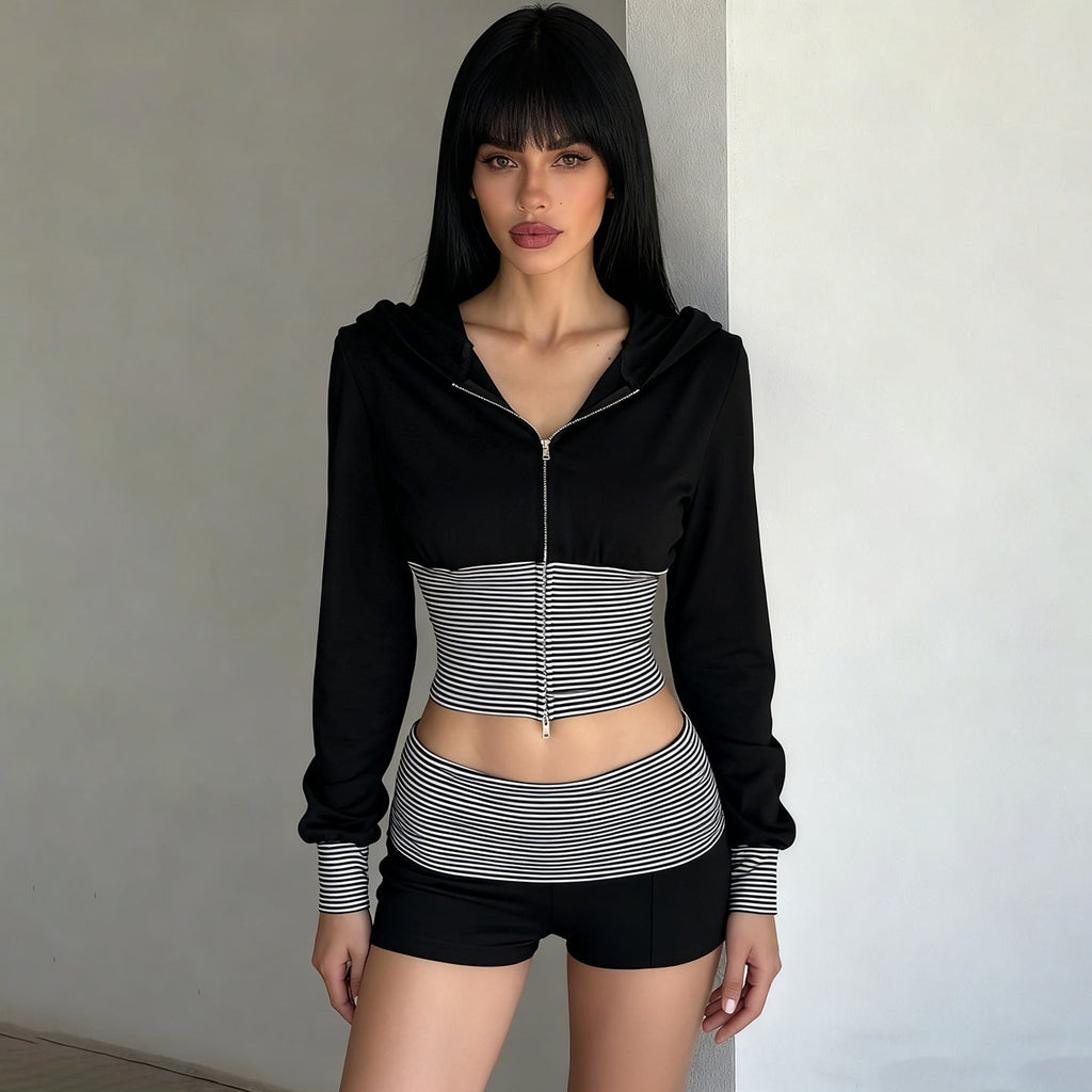Women Wear Casual Striped Stitching Contrast Color Zipper Hooded Top Shorts Two Piece Set