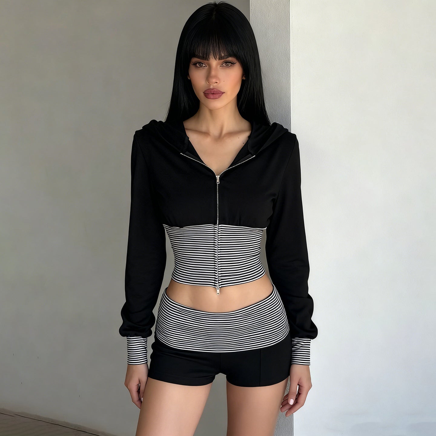 Women Wear Casual Striped Stitching Contrast Color Zipper Hooded Top Shorts Two Piece Set