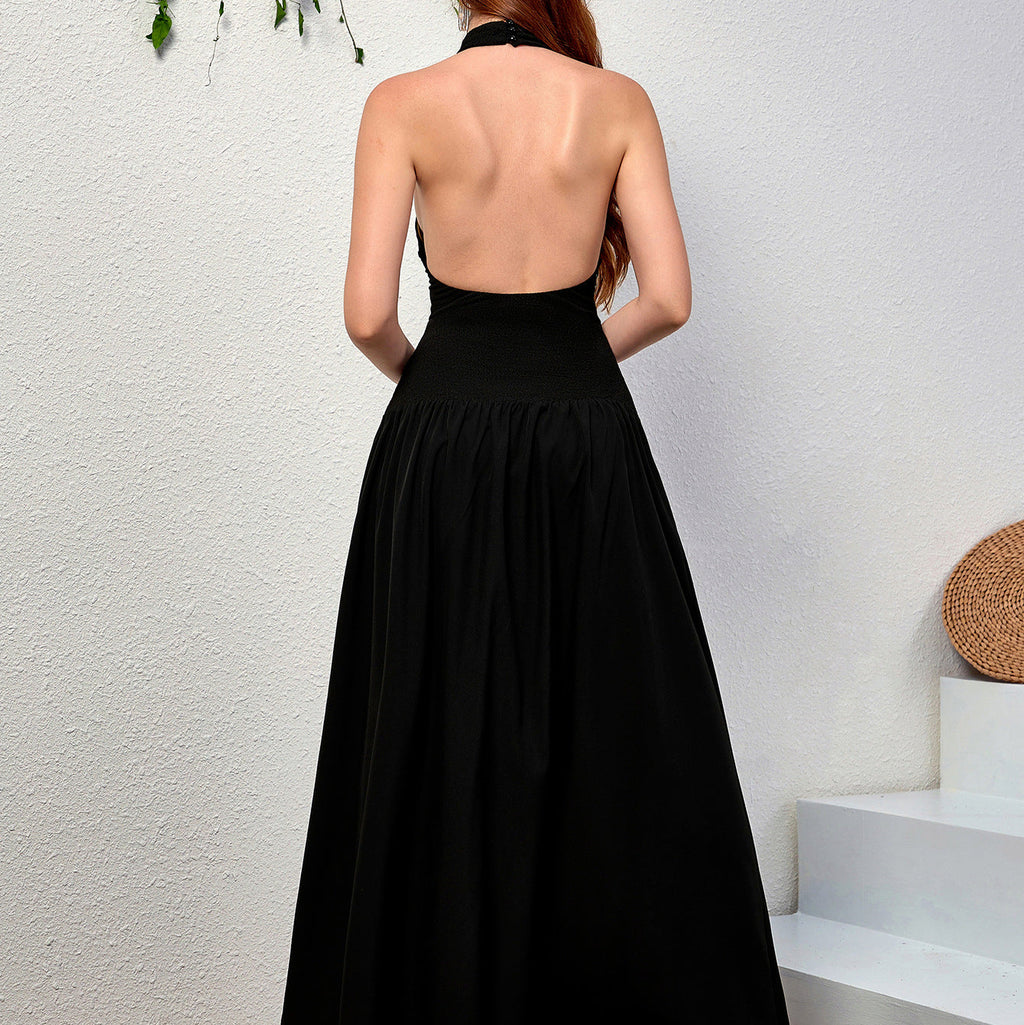 Elegant Halter Knitted Dress Sexy Backless Slim Fit A line Pleated Long Formal Dress