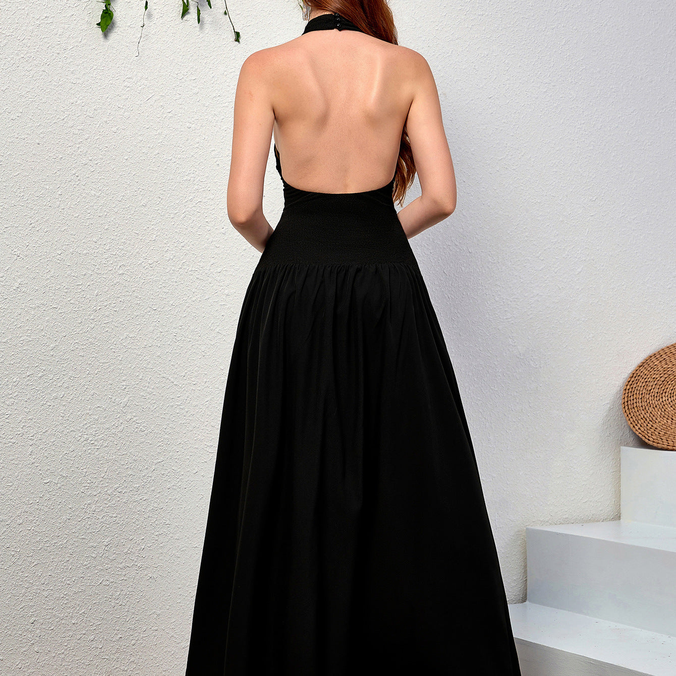 Elegant Halter Knitted Dress Sexy Backless Slim Fit A line Pleated Long Formal Dress