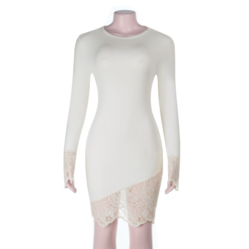 Women Knitted round Neck Lace Long Sleeve Hip Elegant Evening Dress
