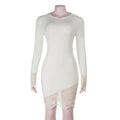 Women Knitted round Neck Lace Long Sleeve Hip Elegant Evening Dress