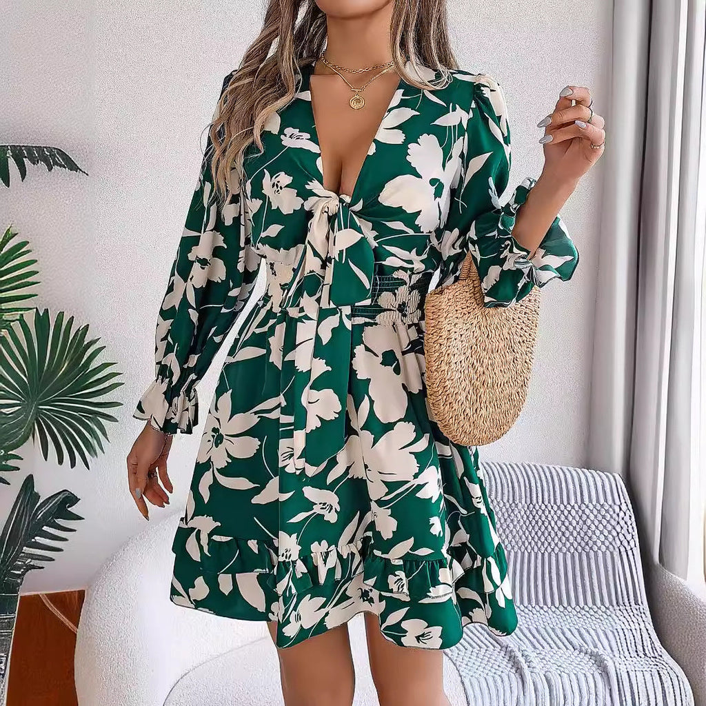 Autumn Winter Casual Floral Lace up Long Sleeve Wooden Ear A line Women Clothing