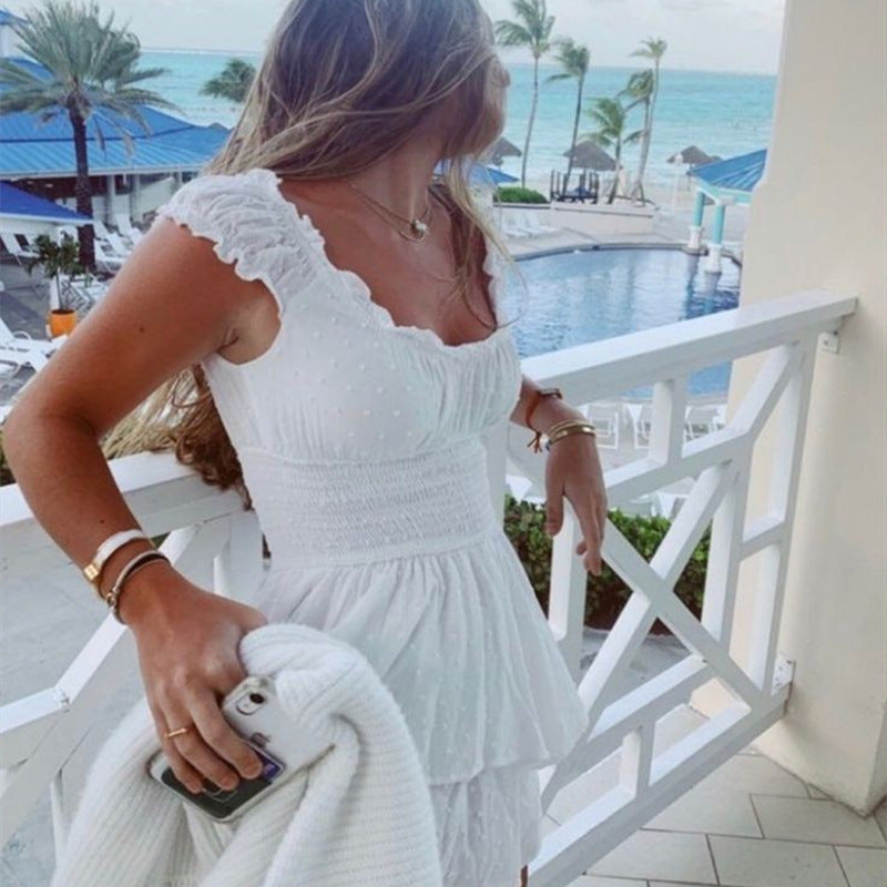 Women Summer Dress Wooden Ear MiuMiu Bag Sleeve Cinched Bodycon Irregular Asymmetric Hem Tiered Dress