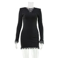 Autumn Women Clothing French Lace V neck Solid Color Simple Slim Fit Long Sleeve Narrow Short Dress