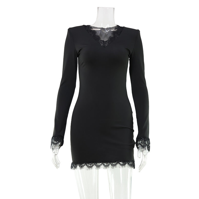 Autumn Women Clothing French Lace V neck Solid Color Simple Slim Fit Long Sleeve Narrow Short Dress