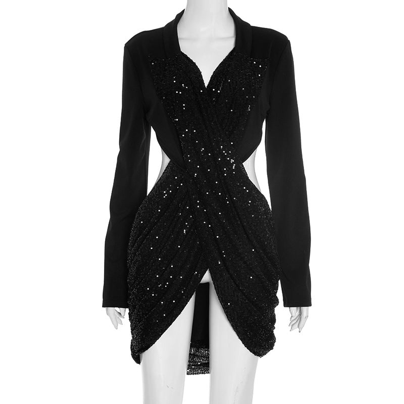Women Clothing Autumn Solid Color Sequ Backless Long Sleeves Slim Fit Elegant Short Stitching Dress