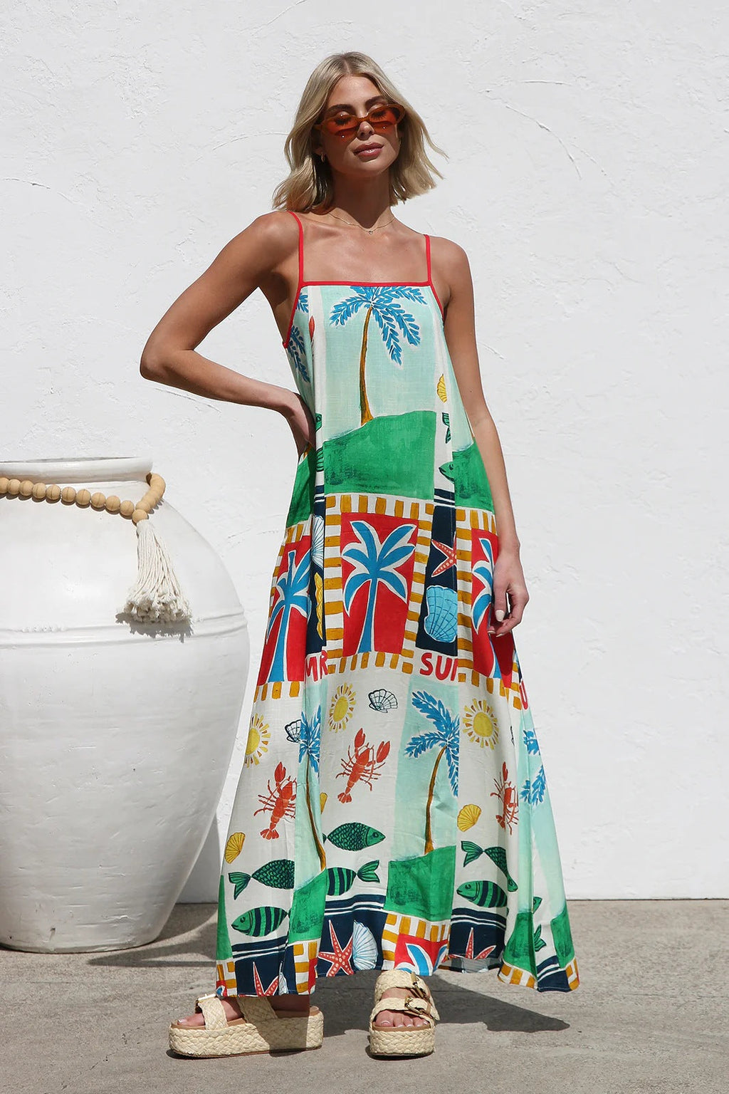 Spring Summer Loose Casual Print off Neck Strap Dress Vacation Dress