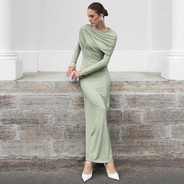Fall Winter Elegant Long Sleeve Solid Color Knitted Slim Fit Maxi Dress Office Irregular Asymmetric Collar Dress for Women