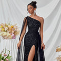 Shoulder Sequined Evening Dress Mesh Ribbon High Slit Design the Dinner Party Stage Maxi Dress