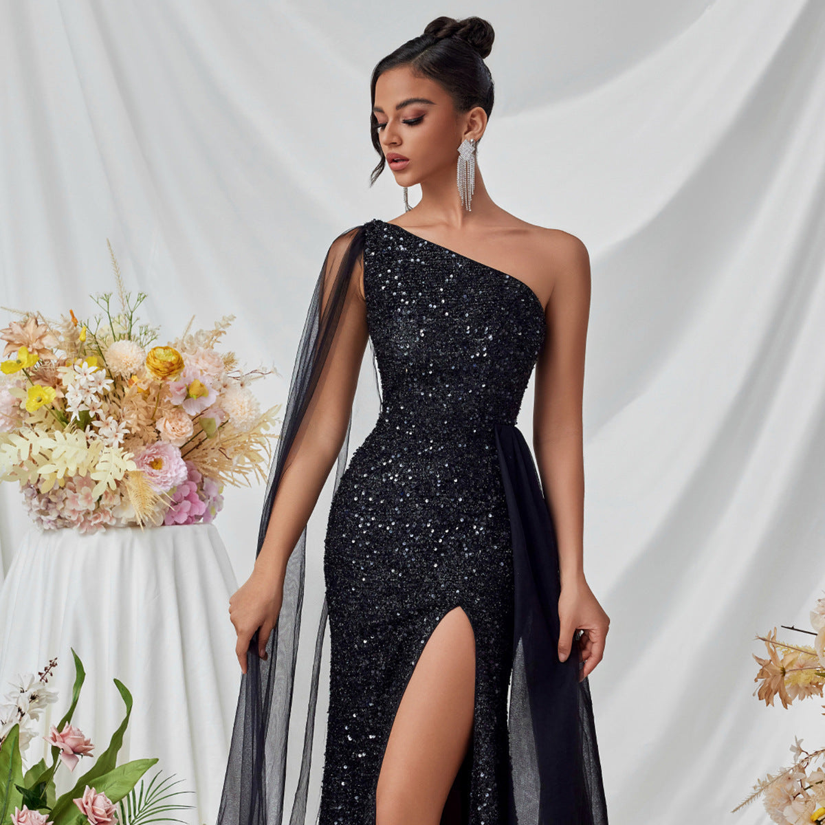 Shoulder Sequined Evening Dress Mesh Ribbon High Slit Design the Dinner Party Stage Maxi Dress