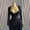 Women Clothing Spring Elegant Square Collar Lace Long Sleeve High Waist Slimming Midi Dress
