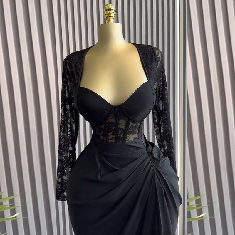 Women Clothing Spring Elegant Square Collar Lace Long Sleeve High Waist Slimming Midi Dress