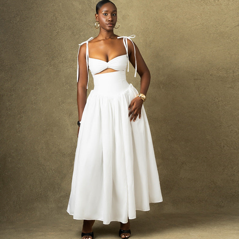 Women Clothing Solid Color Dress off the Shoulder Strap Sleeveless Large Dress