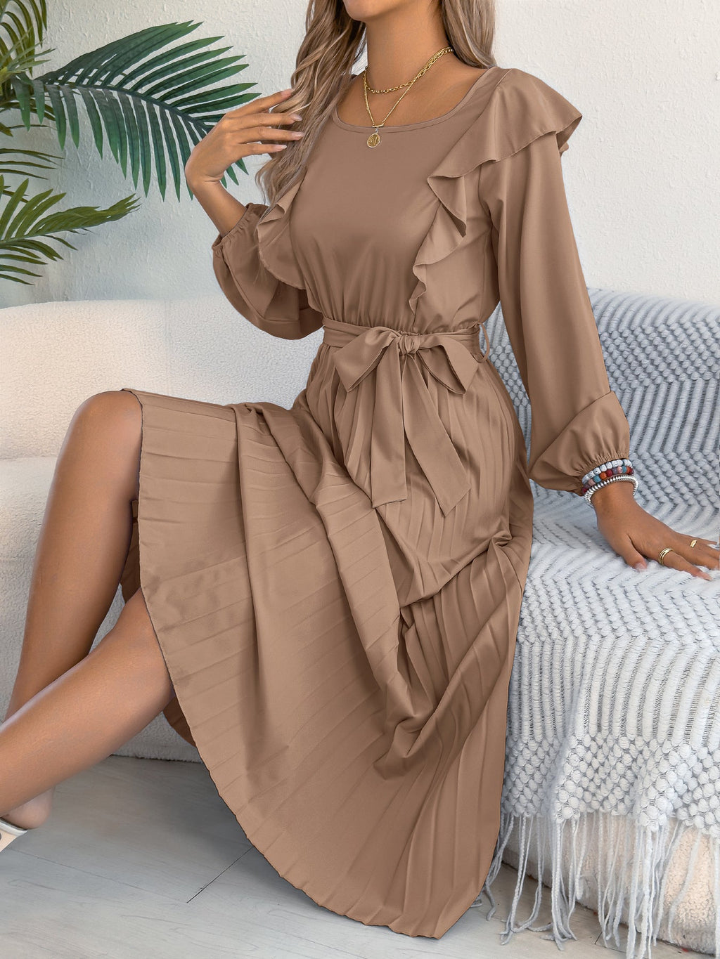 Women Clothing Spring Summer Elegant Ruffled Square Collar Long Sleeve Cinched Pleated Dress