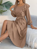 Women Clothing Spring Summer Elegant Ruffled Square Collar Long Sleeve Cinched Pleated Dress