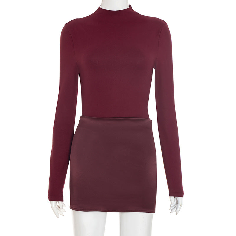 Women Clothing Autumn Winter Crew Neck Long Sleeve Narrow Slim Fit Patchwork Solid Color Dress Women