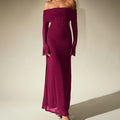 Mesh Silver Square Dress Sexy off Shoulder Flared Long Sleeve Dress Maxi Dress