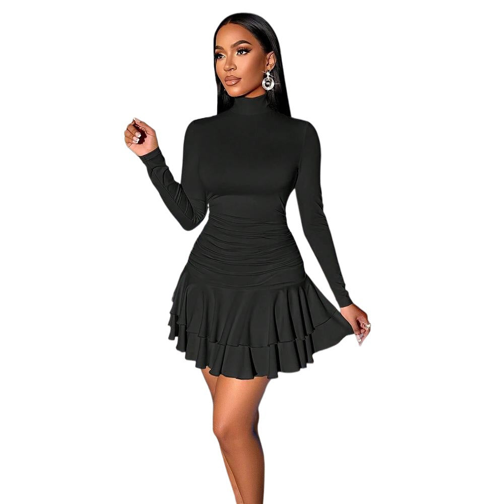 Turtleneck Slim Knit Dress Women Black Waist Indirect Pleated Double Layer Ruffled Short Dress